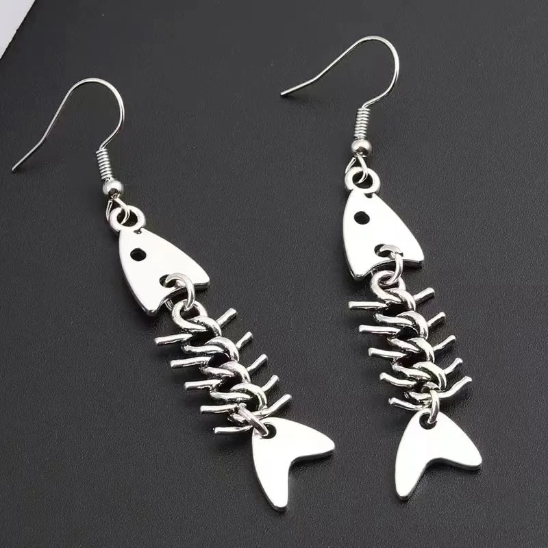 Boucles d'oreilles en os de poisson faites à la main, design simple, couleur argent antique