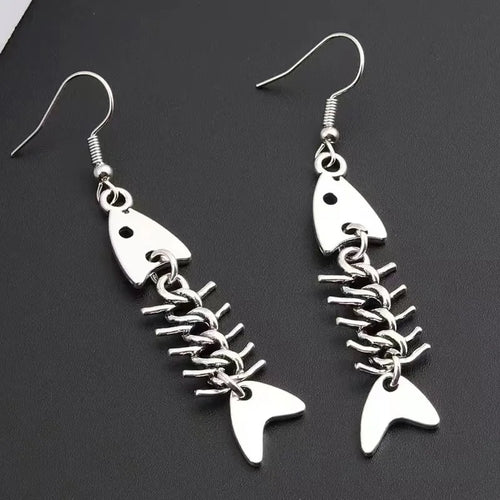 Boucles d'oreilles en os de poisson faites à la main, design simple, couleur argent antique