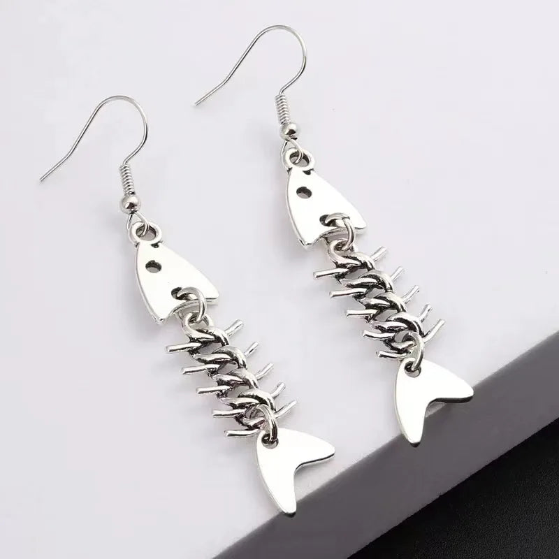 Boucles d'oreilles en os de poisson faites à la main, design simple, couleur argent antique