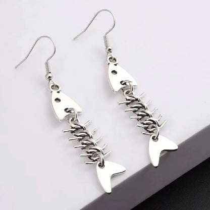 Boucles d'oreilles en os de poisson faites à la main, design simple, couleur argent antique