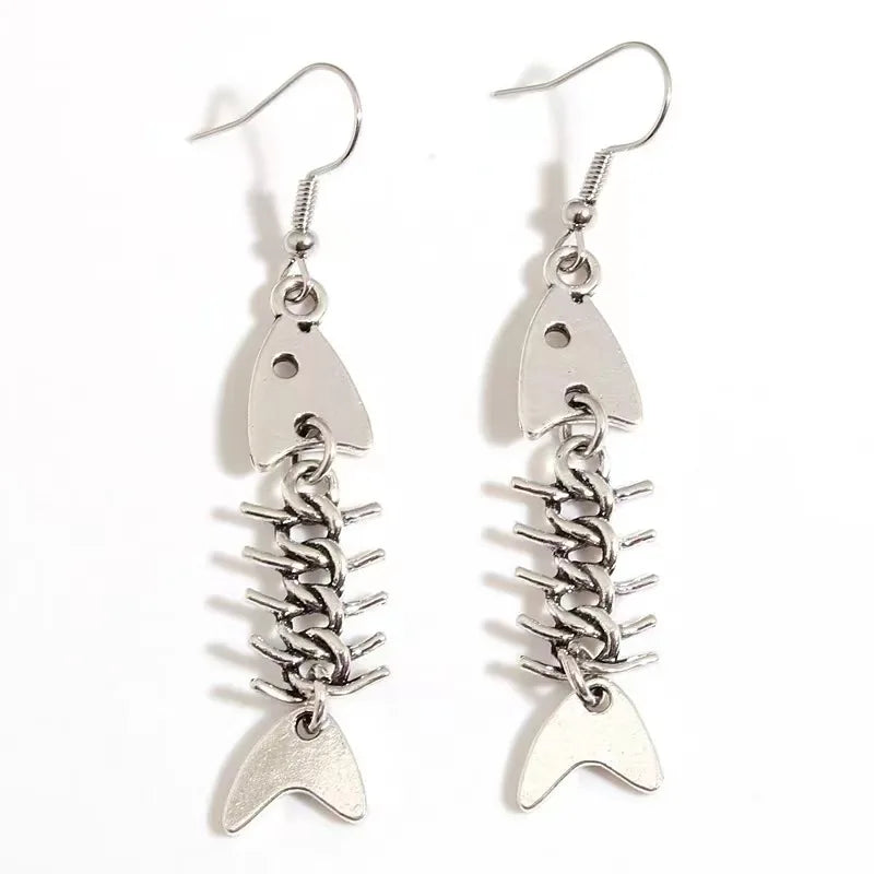 Boucles d'oreilles en os de poisson faites à la main, design simple, couleur argent antique