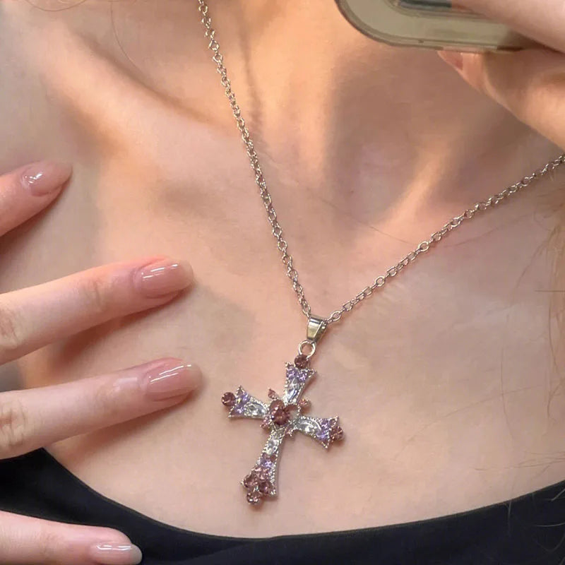 Collier femme pendentif strass rose et violet