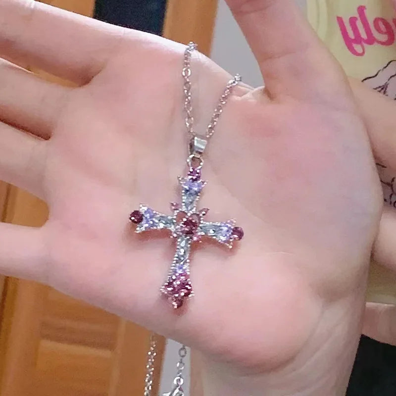 Collier femme pendentif strass rose et violet