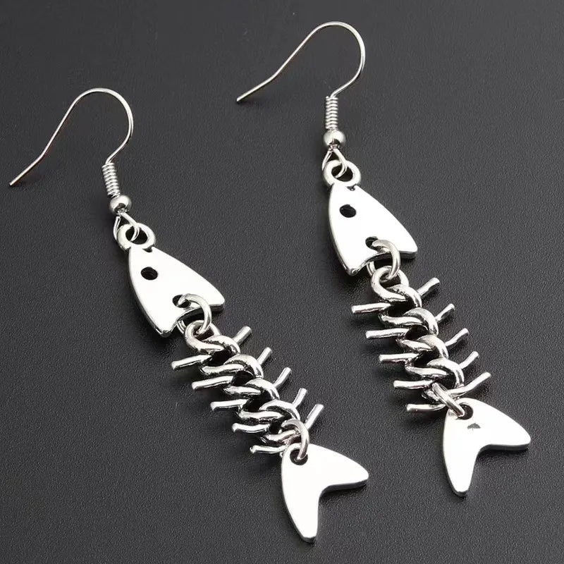 Boucles d'oreilles en os de poisson faites à la main, design simple, couleur argent antique