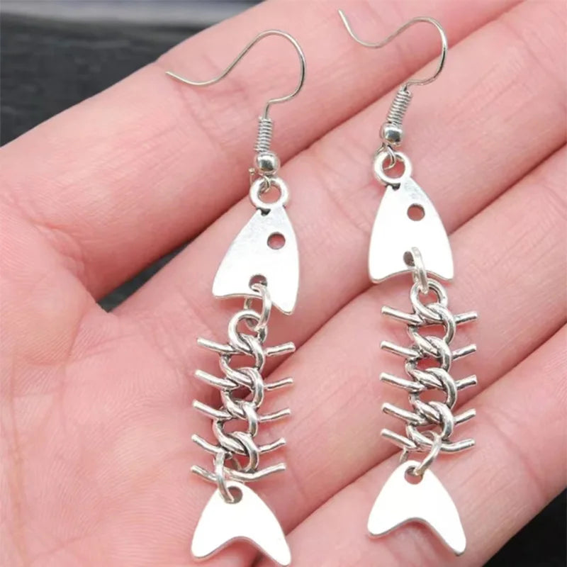 Boucles d'oreilles en os de poisson faites à la main, design simple, couleur argent antique