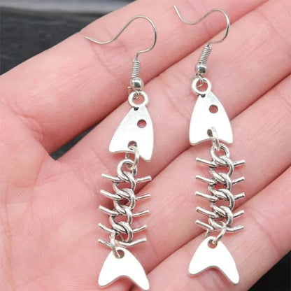 Boucles d'oreilles en os de poisson faites à la main, design simple, couleur argent antique